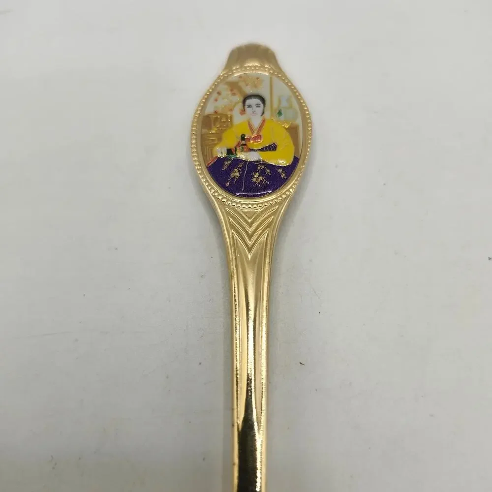 Asian Souvenir Spoon Gold Tone Enamel Traditional Woman 18/10 Stainless 6 Inch